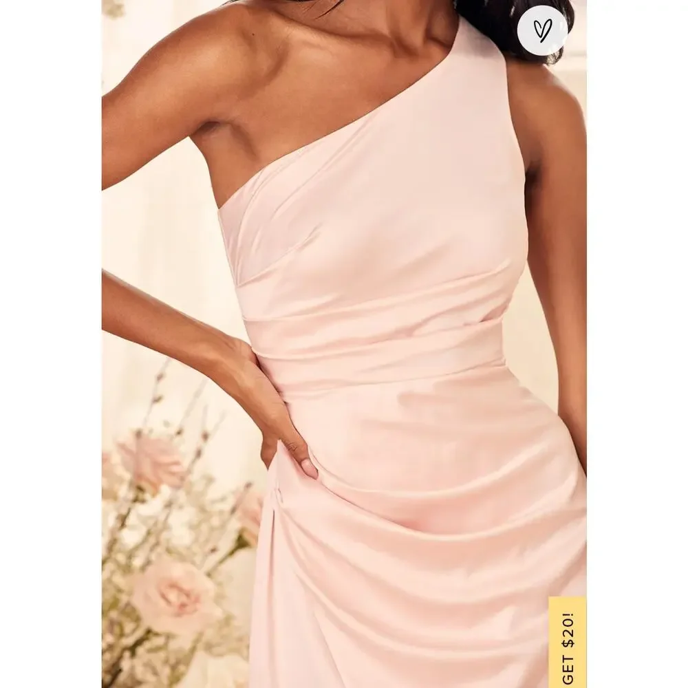 NEW Lulus Dreaming of Elegance Pink Satin One-Shoulder Maxi‎ Dress - Size M - Picture 3 of 16